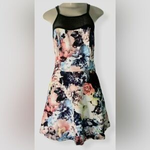 Material Girl Floral Mesh Panel Skater Style Mini Dress, Spaghetti Straps, Small